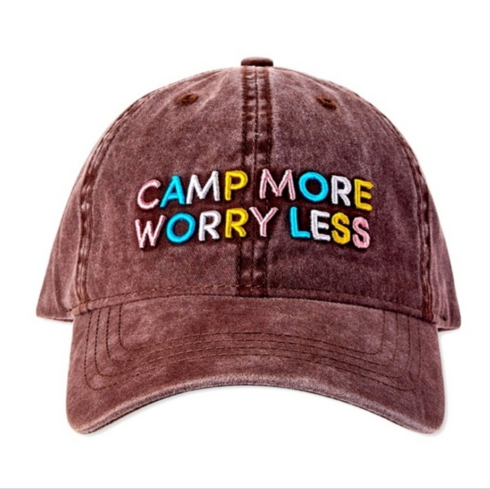 Camp More Worry Less 🏕 Baseball Cap Brown Hat With Faded Look Brand New NWT